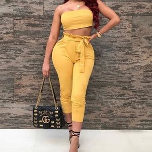 🔴Two Piece Suede Yellow Crop Top Romper Jumpsuit